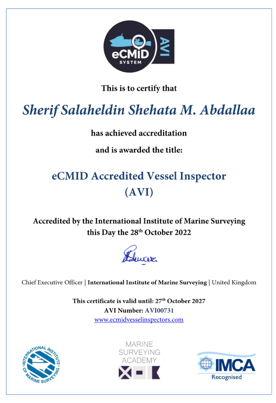 eCMID Accredited Vessel Inspector Certificate