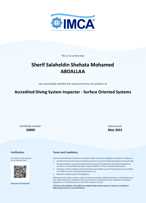 IMCA Accredited Diving System Inspector Certificate