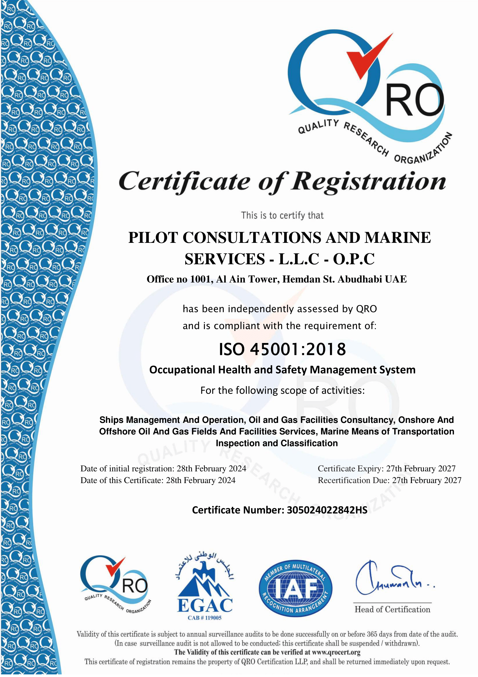ISO 45001:2018 Occupational Health and Safety Management System Certificate